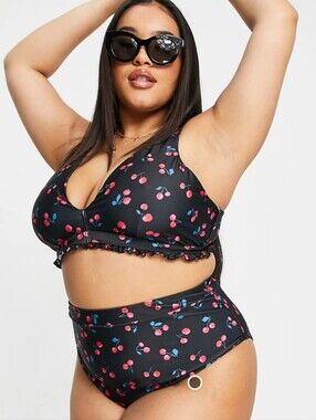 Black Cherry Print High-Waist Bikini Set Size 12/14